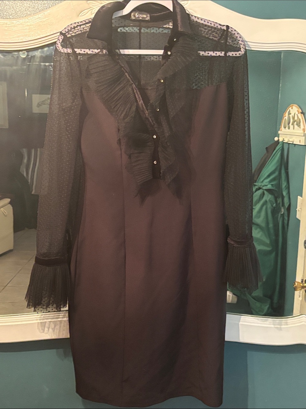 Designer Black Sheer Sleeve Ruffle Collar Dress